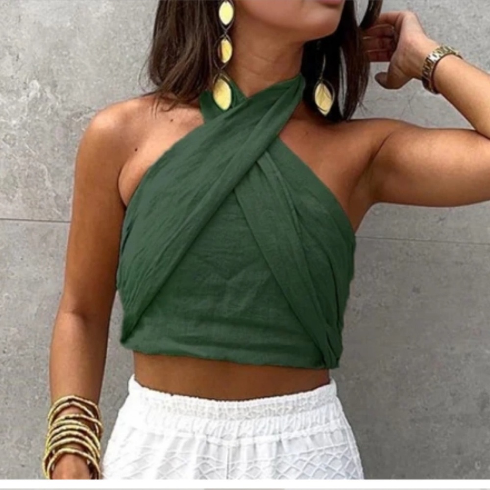 NWT Commense Cotton & Linen Criss Cross Halter Top M